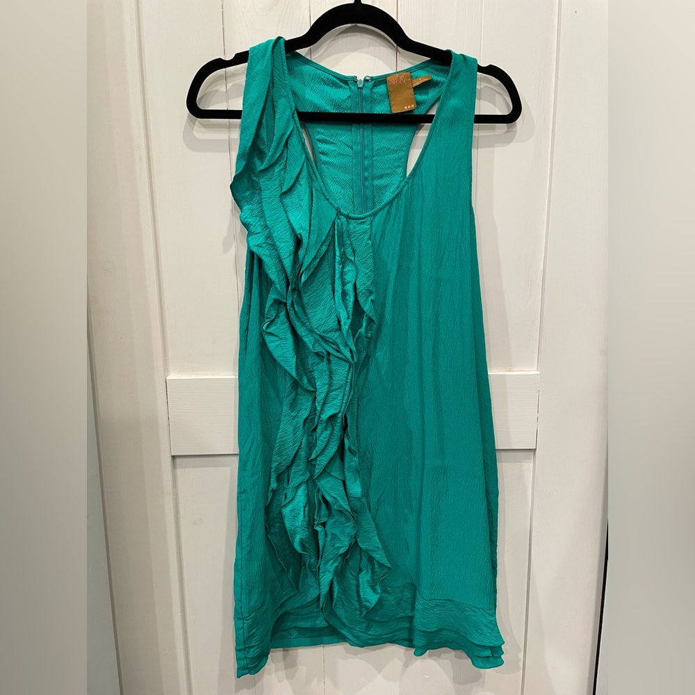 Green ruffle accent silk dress